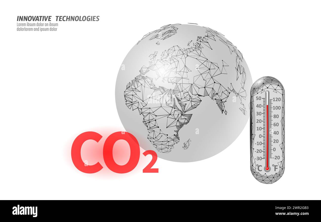 Anidride carbonica CO2 problema ecologico concetto ecologico. Rendering 3D a gas organico rinnovabile. Scienza biocarburante chimica biotecnologia poligonale serra climatica Illustrazione Vettoriale