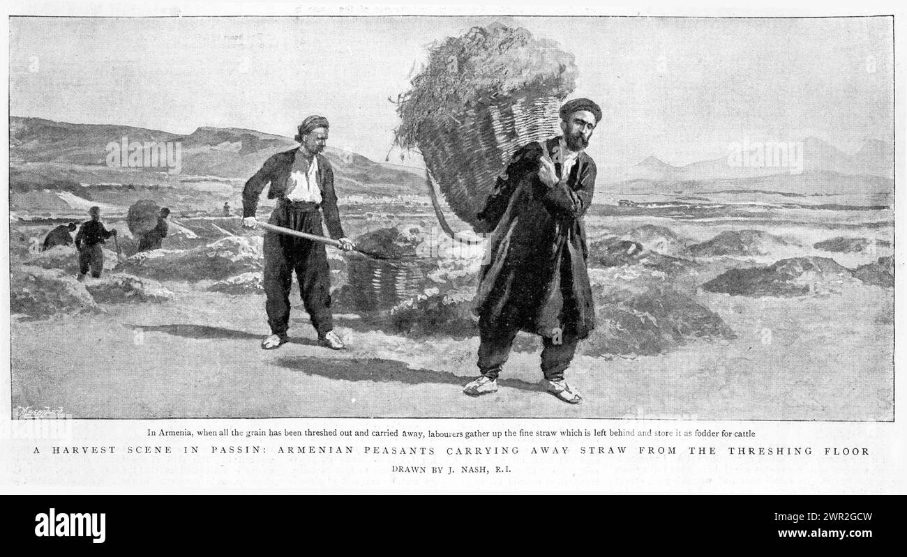 Illustrazione di una scena del raccolto in Armenia, con un contadino che porta via un carico di paglia, circa 1880 Foto Stock