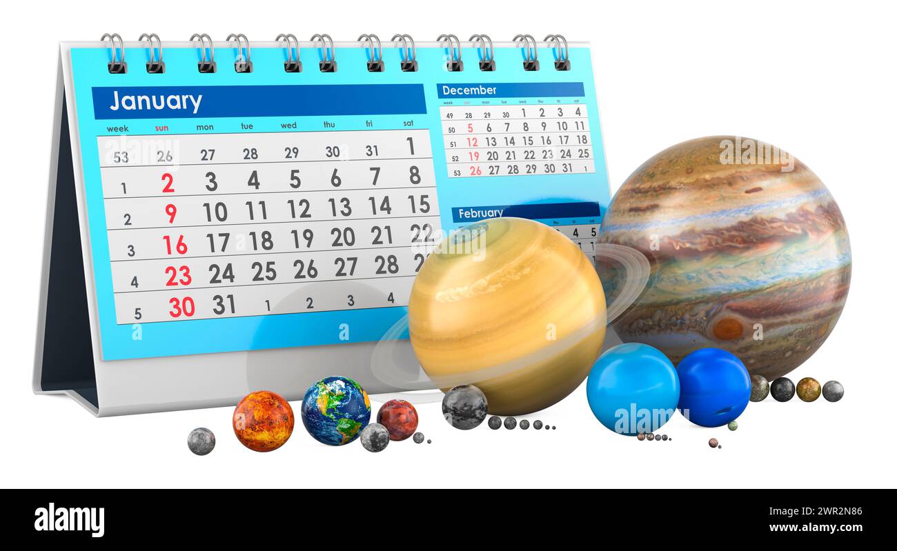 Pianeti del sistema solare con calendario da scrivania. Astronomia Calendario degli eventi celesti, concetto. Rendering 3D isolato su sfondo bianco Foto Stock