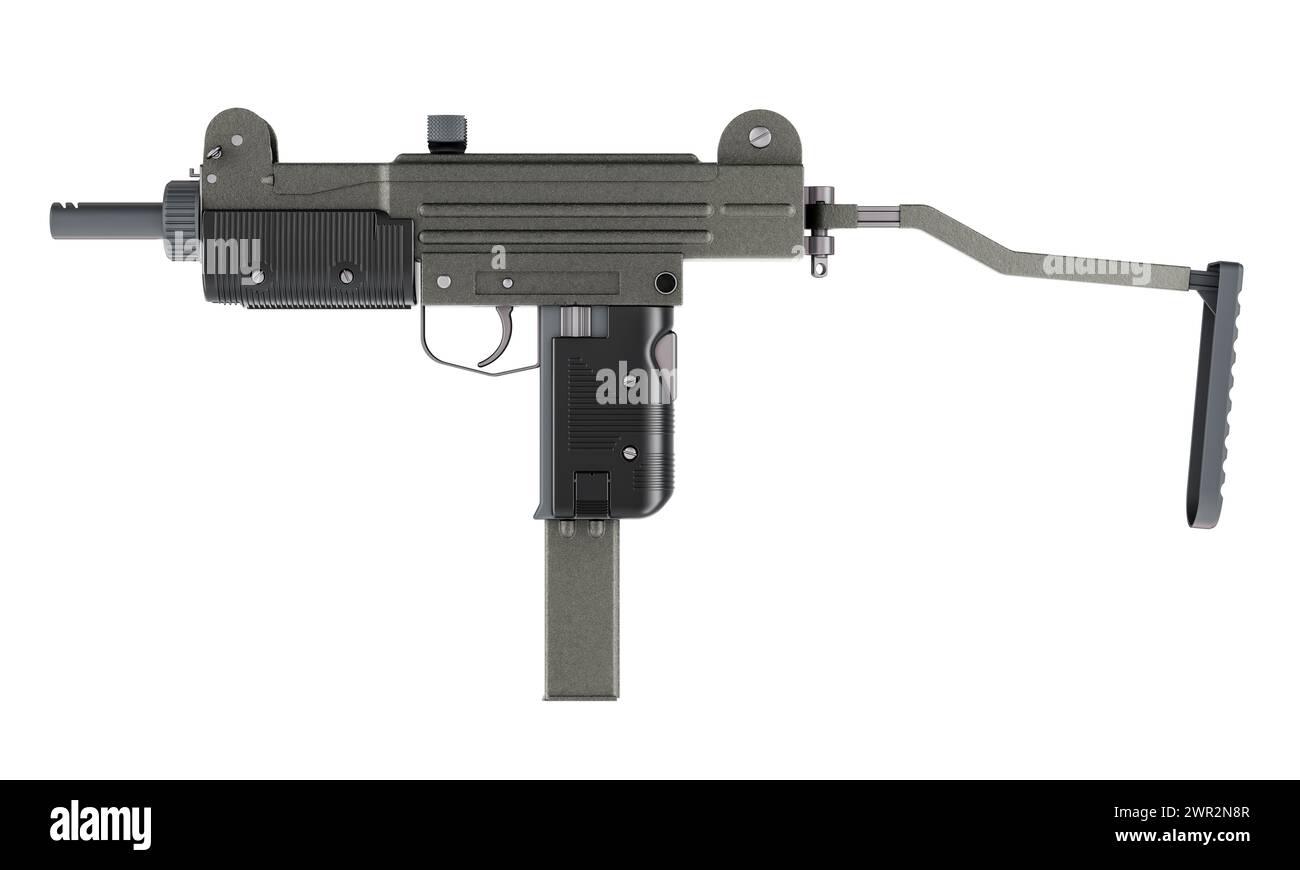 Pistola mitragliatrice, primo piano. Rendering 3D isolato su sfondo bianco Foto Stock