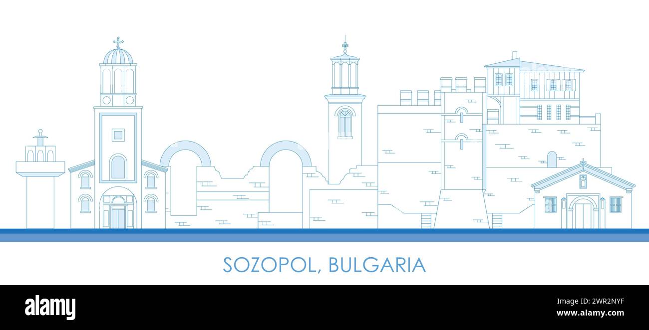 Profilo Panoramica della città di Sozopol, Bulgaria - illustrazione vettoriale Illustrazione Vettoriale