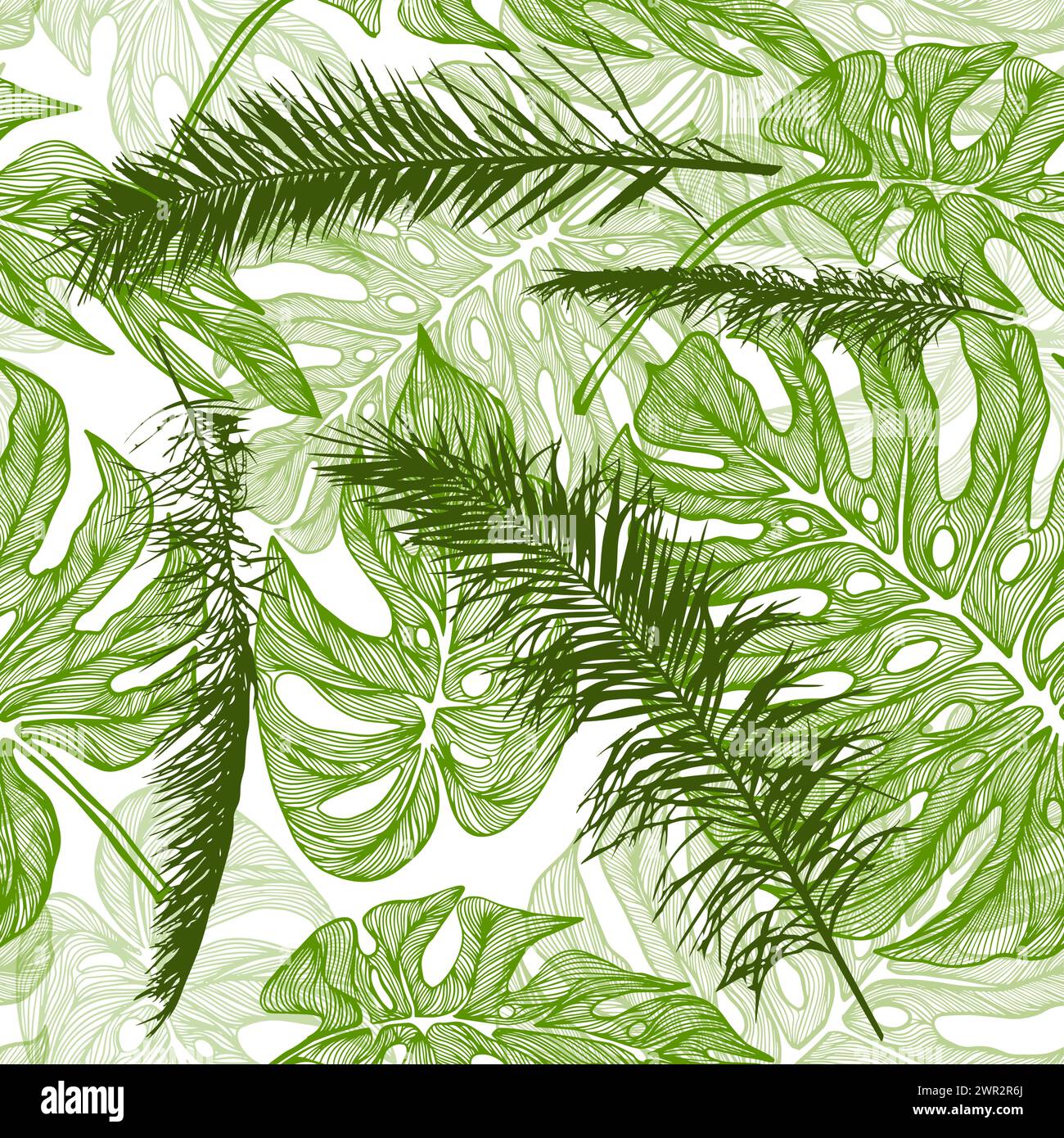 Il palmo lascia un motivo senza cuciture su sfondo bianco. disegno a mano. Non IA. Illustrazione vettoriale Illustrazione Vettoriale