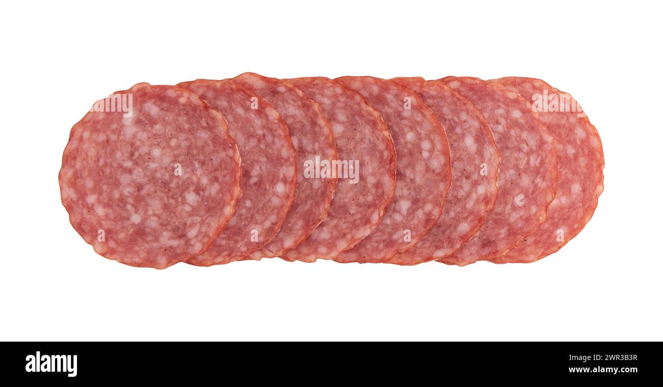 pezzi di salsiccia di salame affettato disposti per creare un layout, fette di salsiccia di salame isolate su sfondo bianco con percorso di ritaglio Foto Stock