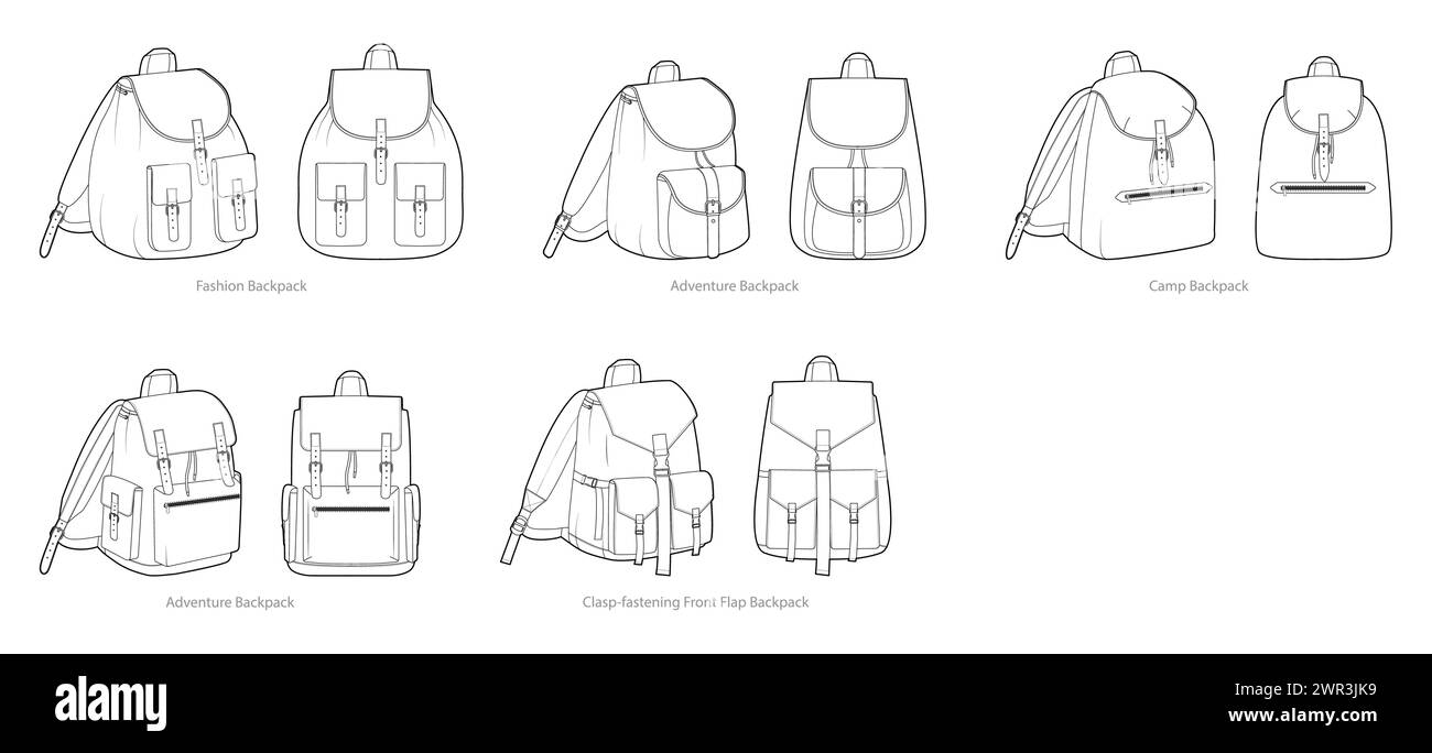 Set di zaini con patta superiore anteriore borsa con silhouette Adventure Camp. Illustrazione tecnica degli accessori alla moda. Vista frontale 3-4 vettoriale della sacca da scuola per uomo, donna, modello unisex, borsa piatta, modello CAD isolato Illustrazione Vettoriale