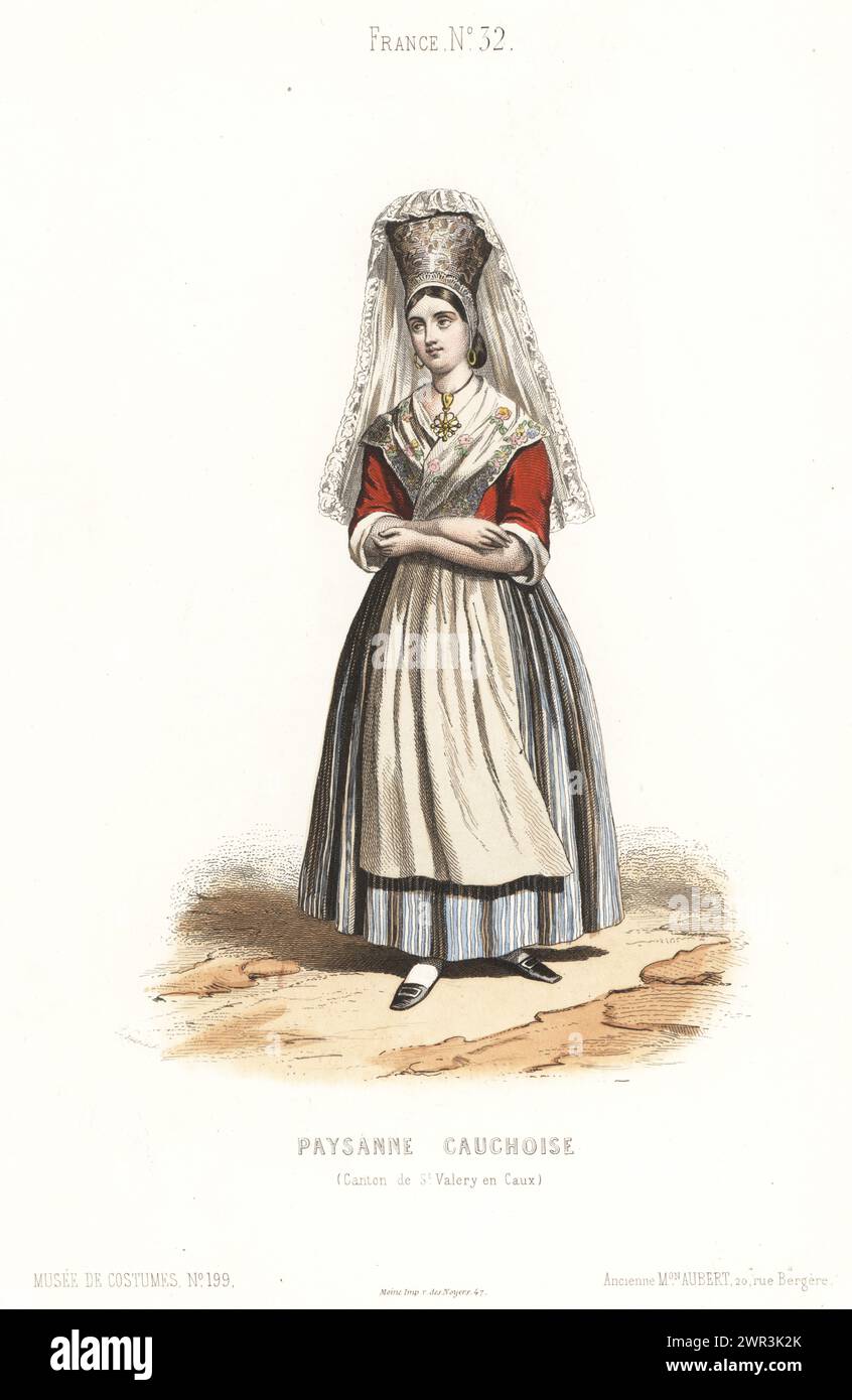 Contadina di Saint-Valery-en-Caux, Normandia, in abito da festa. Con copricapo alto e velo lungo in pizzo, orecchini a cerchio oro, pendente, fichu ricamato, corpetto rosso, gonne a righe e grembiule. Paysanne Cauchoise (Canton de St Valery en Caux). Incisione in acciaio colorata a mano di Laurent Guerdet dal Musée Cosmopolite, Musée de Costumes, Cosmopolitan Museum, edito dall'ancienne maison Aubert, Parigi, 1850. Foto Stock