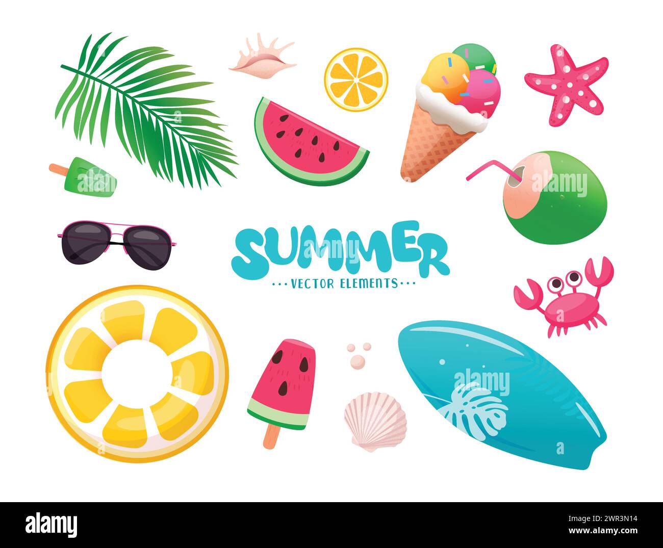 Design vettoriale Summer Tropical Elements. Elementi da spiaggia estivi come anguria, gelato, galleggianti, tavola da surf e decorazioni con icone di cocco isolate Illustrazione Vettoriale