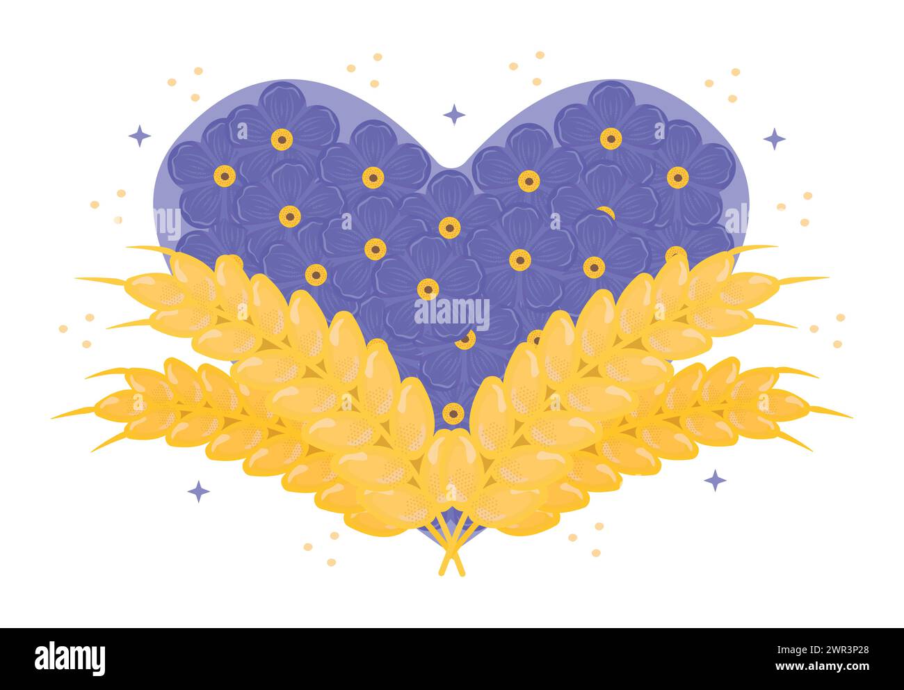 Cuore da Forget me Not fiori e due orecchie di grano, stampa patriottica Ucraina nei colori blu e giallo Illustrazione Vettoriale