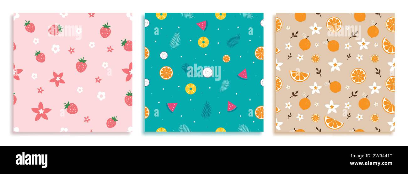 Design vettoriale Summer Seamless Fruit. L'estate ha una trama infinita con fragole, arancia, ananas e anguria Illustrazione Vettoriale