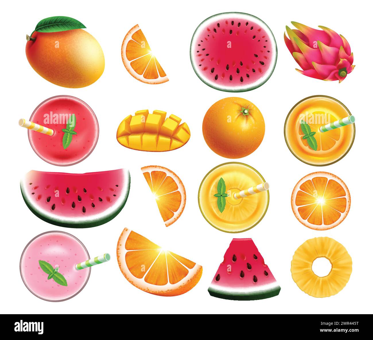 Design vettoriale Summer Fruits. Succo di frutta tropicale estivo in bicchieri cocktail drink per la raccolta di rinfreschi di frullati di stagione isolato in bianco. Illustrazione Vettoriale