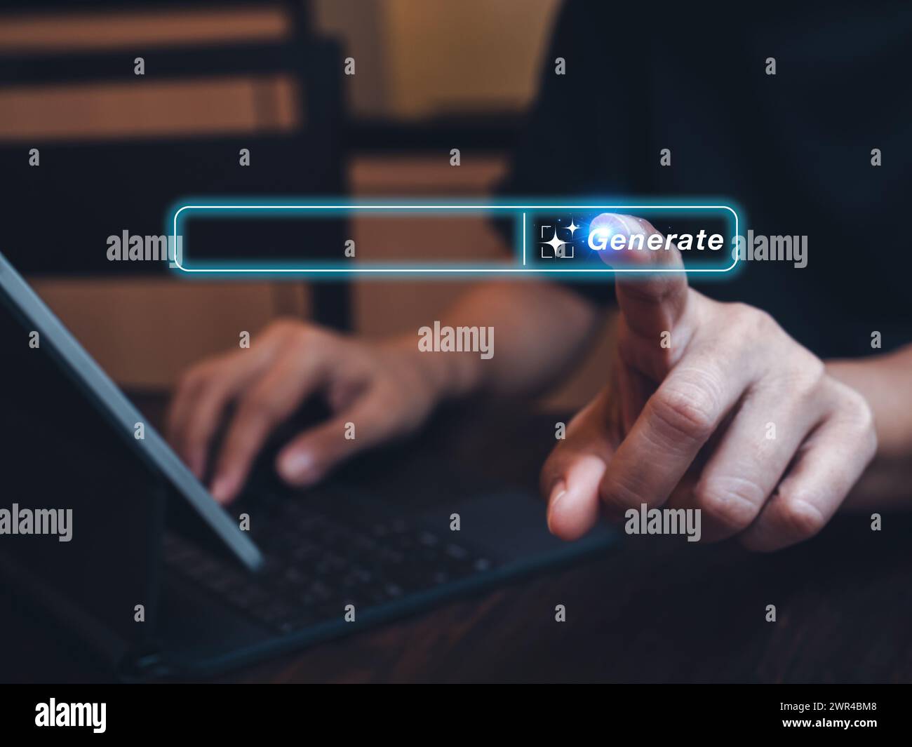 Concetto di intelligenza artificiale generativa. Tecnologia di intelligenza artificiale per contenuti digitali e trasformazione automatizzata dei dati. Icona, pulsante e spa vuota Foto Stock