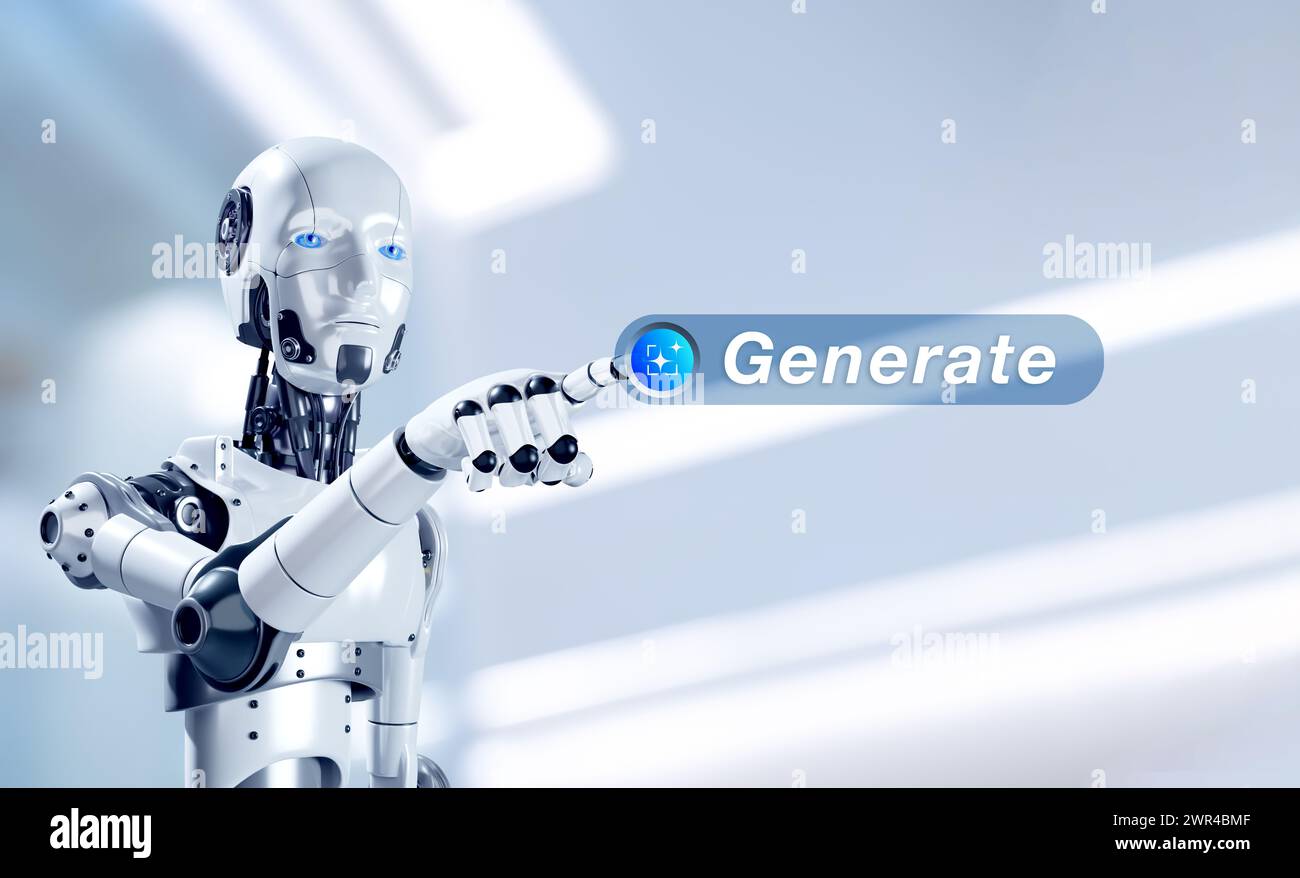 Concetto di intelligenza artificiale generativa. Tecnologia di intelligenza artificiale per contenuti digitali e trasformazione automatizzata dei dati. Robot premere il pulsante "genera". Chat b Foto Stock