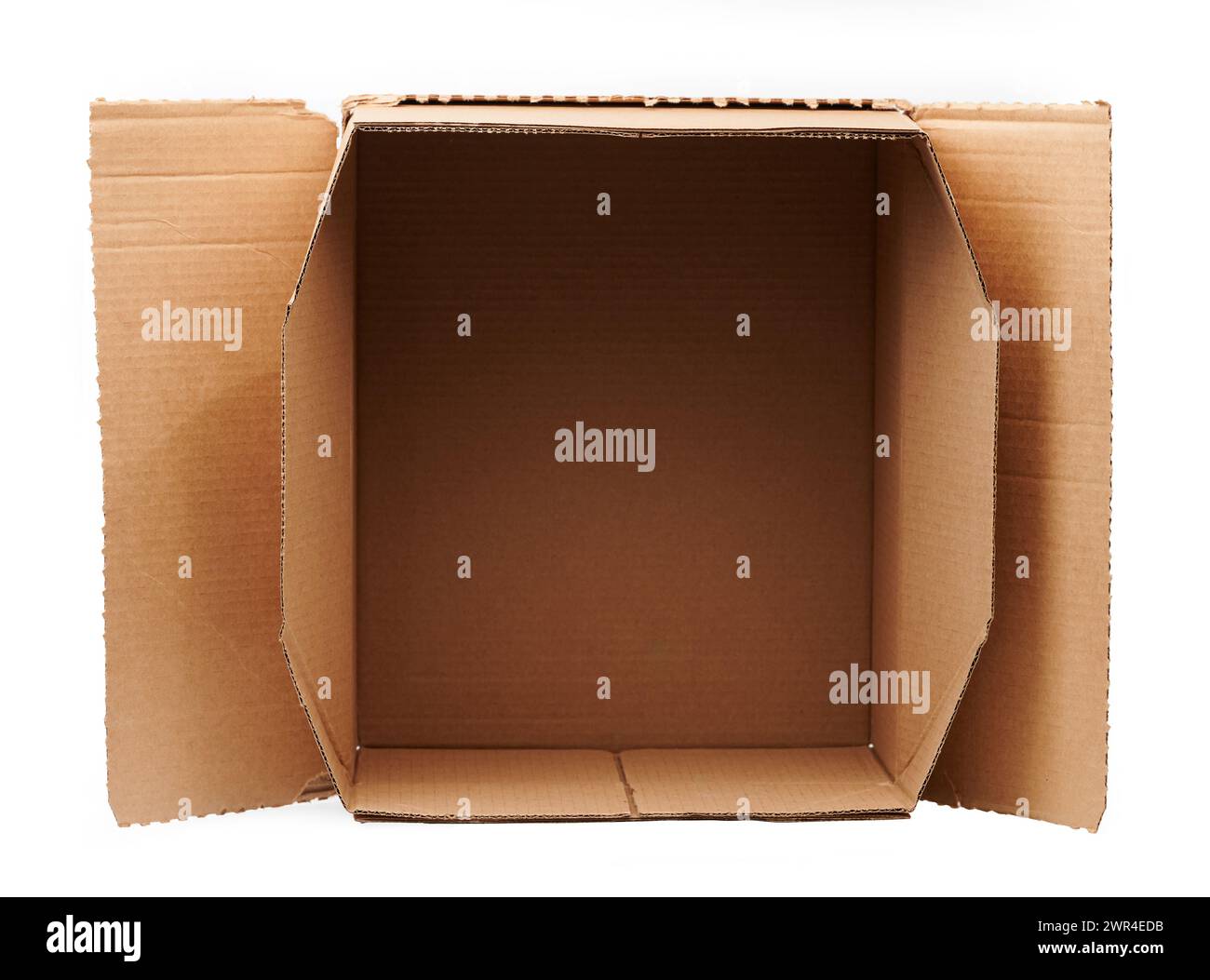 Scatola portaoggetti aperta in cartone sopra la vista dall'alto isolata Foto Stock