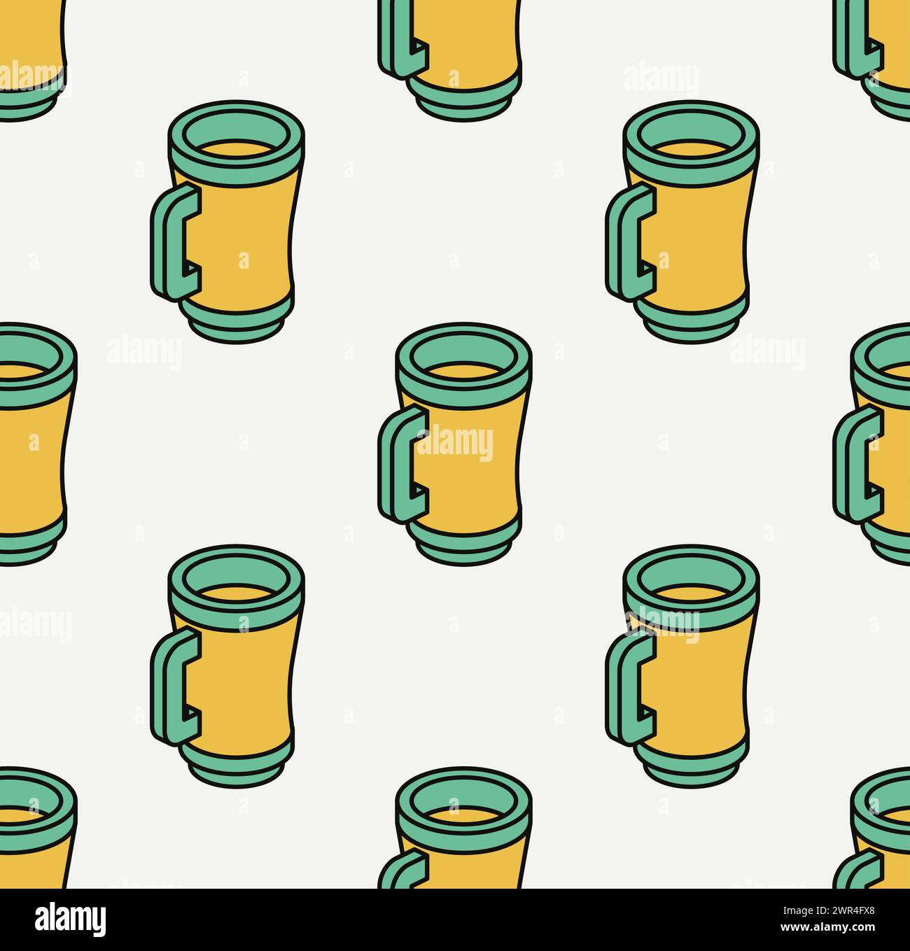 Motivo senza cuciture con tazze gialle verdi. Icona isometrica. Simbolo del giorno di San Patrizio. Illustrazione vettoriale. Stile moderno. Illustrazione Vettoriale