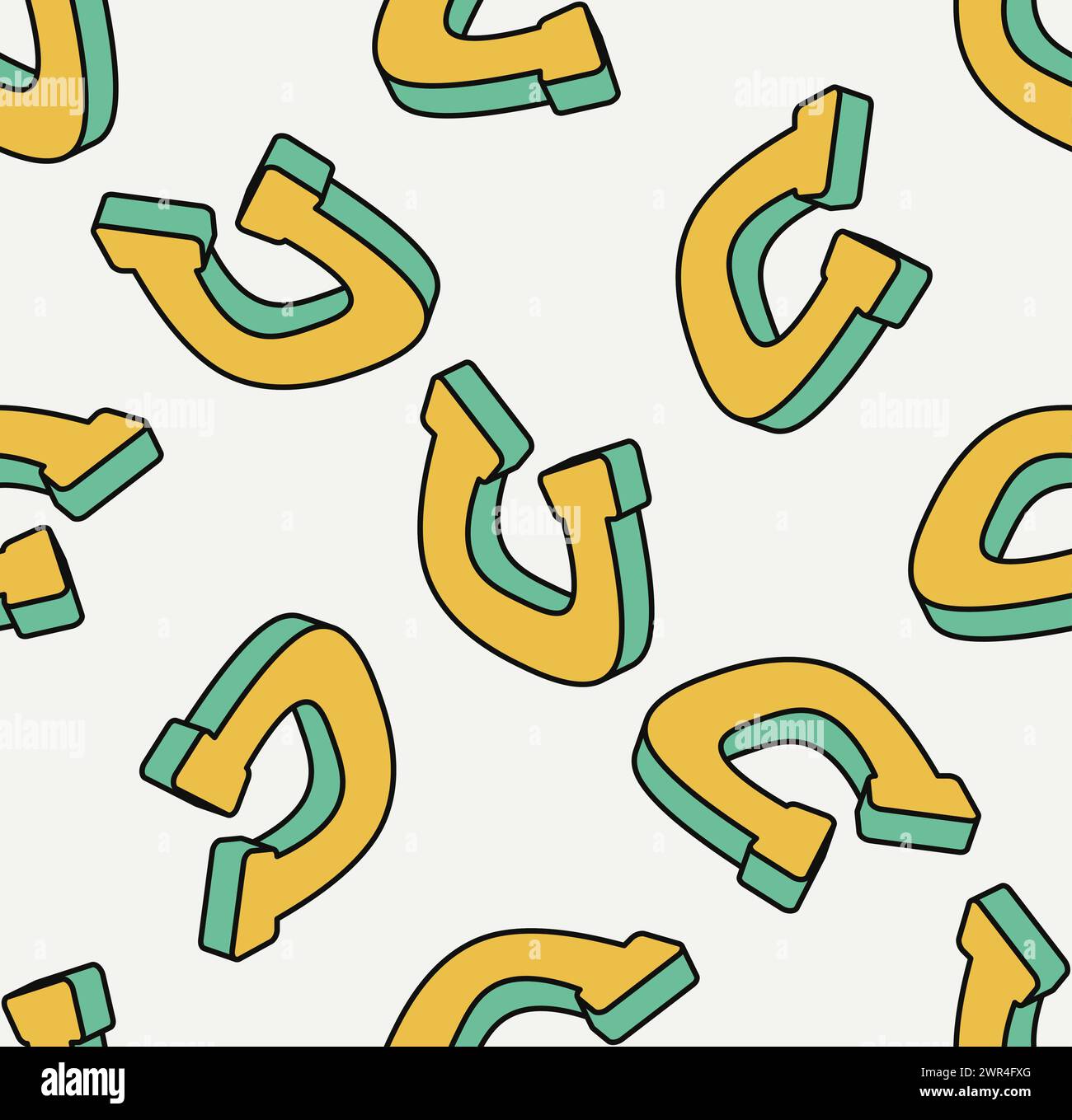 Motivo senza cuciture con ferri di cavallo gialli. Icona isometrica. Simbolo del giorno di San Patrizio. Illustrazione vettoriale. Stile moderno. Illustrazione Vettoriale