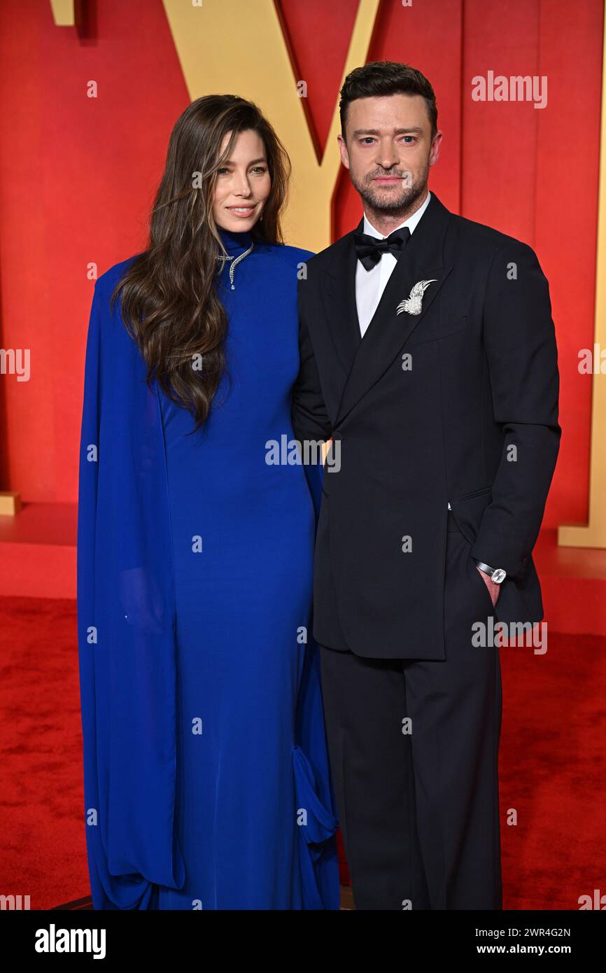 Jessica Biel e Justin Timberlake partecipano al Vanity Fair Oscar Party tenutosi al Wallis Annenberg Center for the Performing Arts di Beverly Hills, Los Angeles, California, USA. Data foto: Domenica 10 marzo 2024. Foto Stock