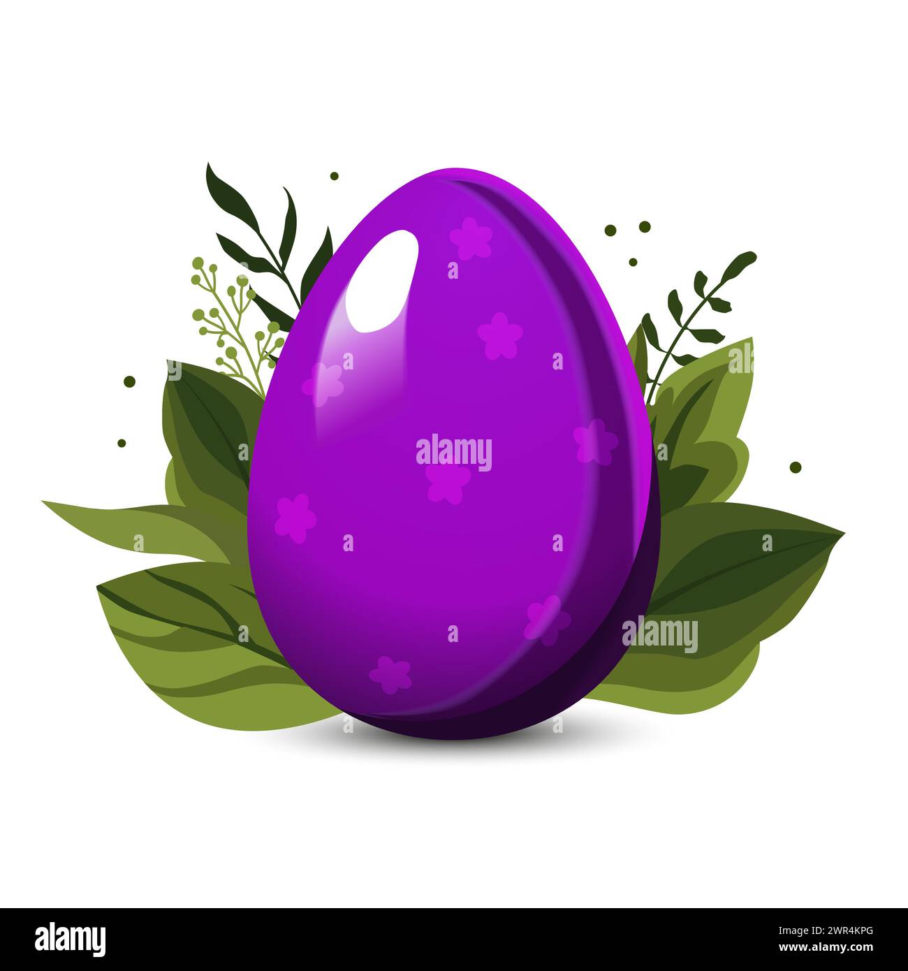 Uovo di Pasqua viola con puntini di polka con foglie verdi e rami sullo sfondo. Illustrazione in stile piatto. Clipart vettoriale per la progettazione di carte, striscioni, Illustrazione Vettoriale