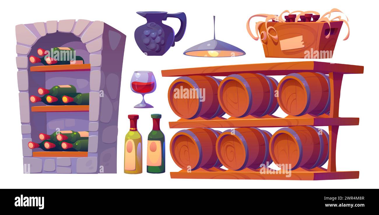Elementi interni della cantina isolati su sfondo bianco. Illustrazione di cartoni animati vettoriali di vecchie botti di legno, bottiglie di alcol su scaffale e in scatola, bevanda rossa in vetro, vaso di argilla, lampada Illustrazione Vettoriale