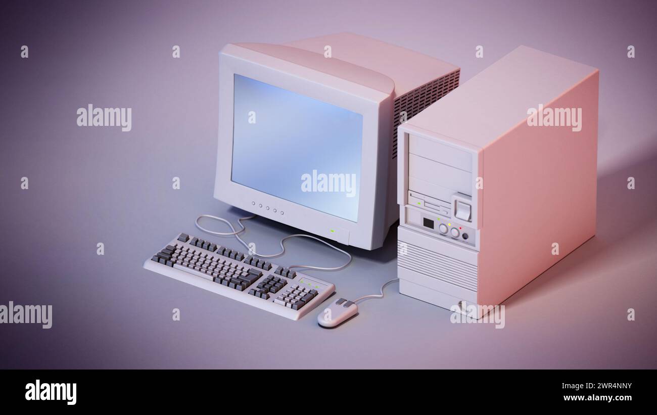 Vintage PC su sfondo grigio. Illustrazione 3D. Foto Stock