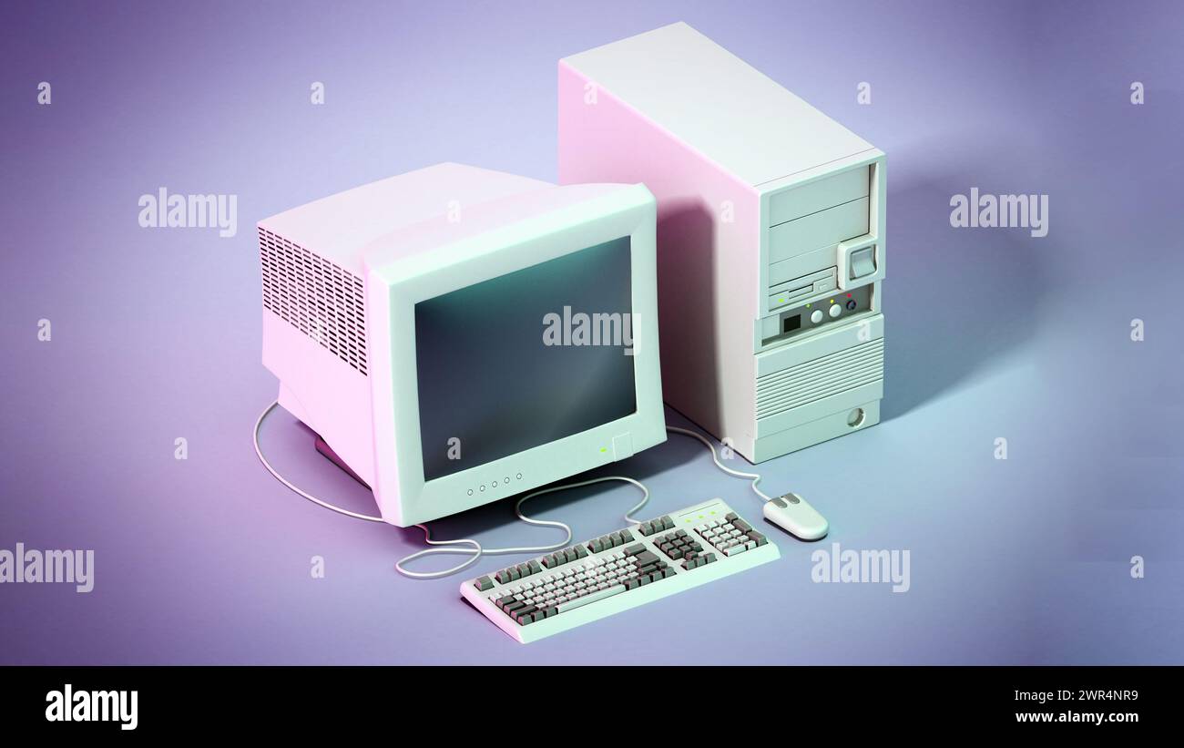 Vintage PC su sfondo grigio. Illustrazione 3D. Foto Stock