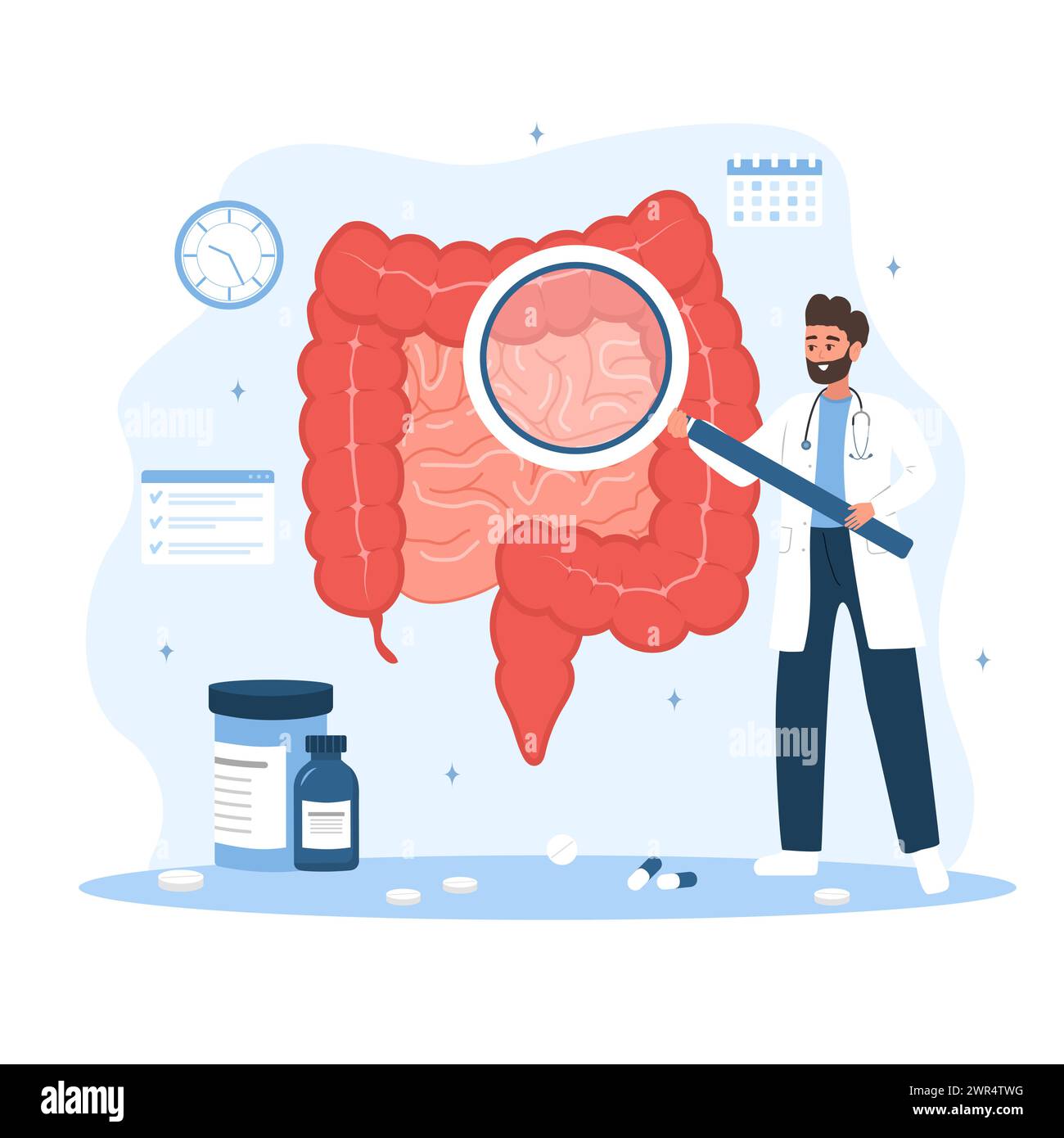 Concetto di proctologo. Medico maschile con lente di ingrandimento esaminare l'intestino. Uomo nell'area perianale dell'analisi del camice da laboratorio. Controllo medico. Illustrazione vettoriale in Illustrazione Vettoriale