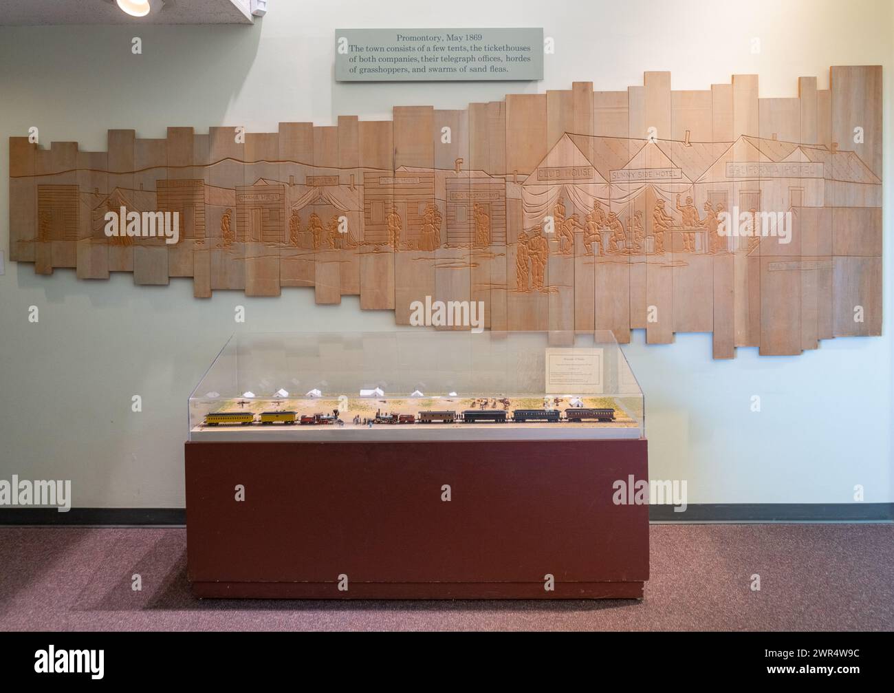 Modellini di treni presso il Visitor Center, sito storico nazionale Golden Spike, Utah, Stati Uniti Foto Stock