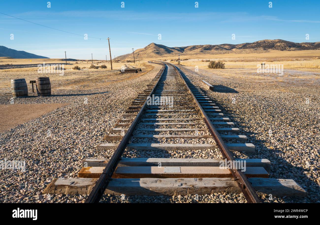 I binari e le rotaie storiche del Golden Spike National Historic Site, Utah, Stati Uniti Foto Stock