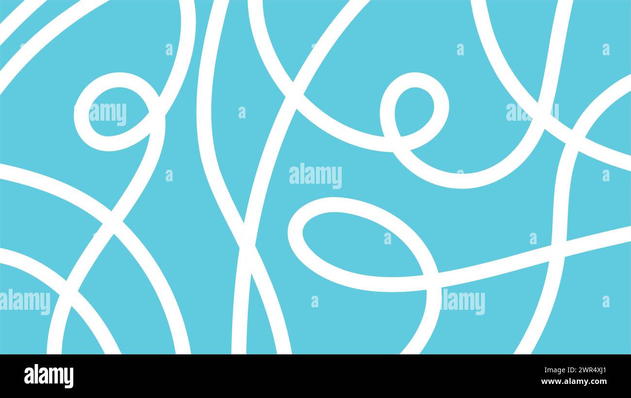 Ampio sfondo astratto con linea bianca disegnata a mano, scarabocchio. Striscione orizzontale con sfondo blu Illustrazione Vettoriale