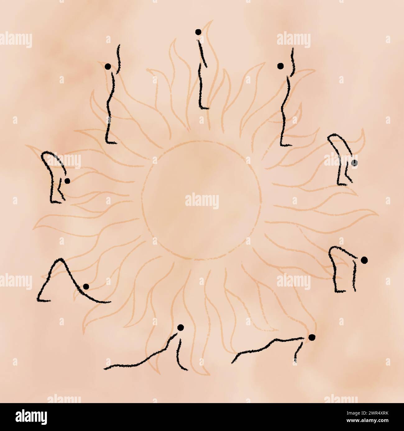 Sun Salutation Yoga Asana, Surya Namaskar, una sequenza. Figura del bastone pose yoga in cerchio che rappresenta il Sole. Poster infografico semplice e dallo stile minimalista Illustrazione Vettoriale