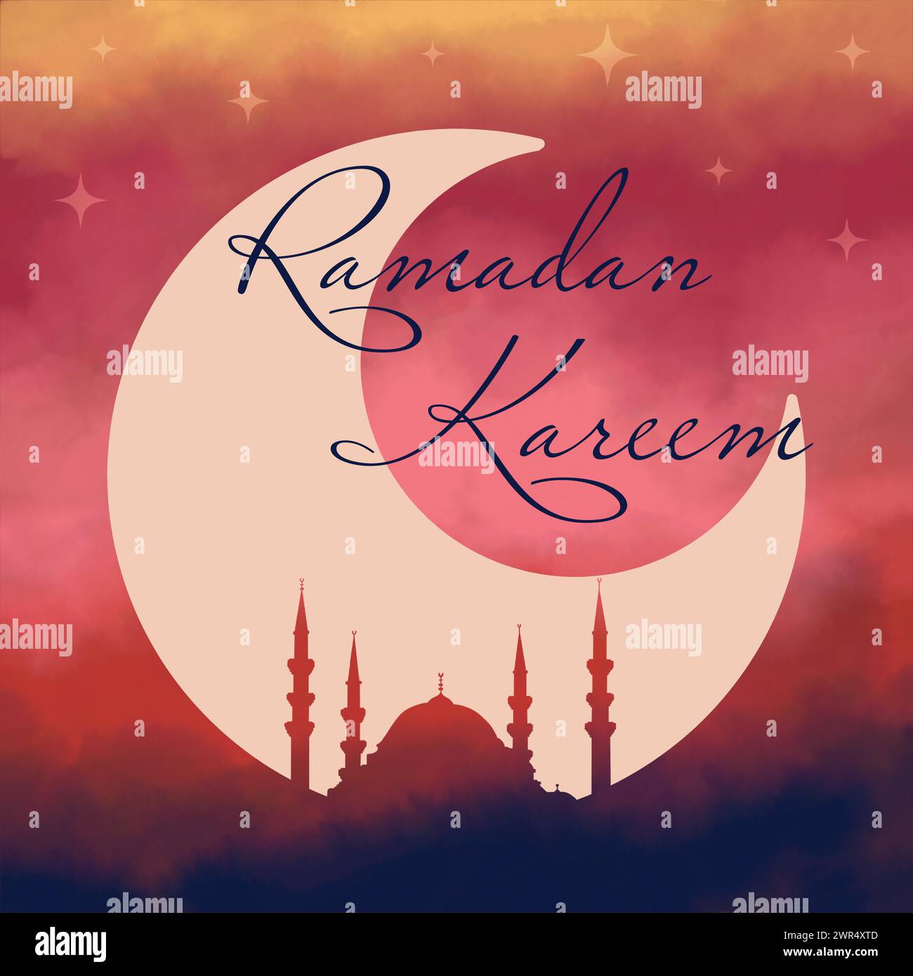Biglietto d'auguri Ramadan, Ramadan Kareem. Sfondo islamico con moschea e mezza luna Illustrazione Vettoriale