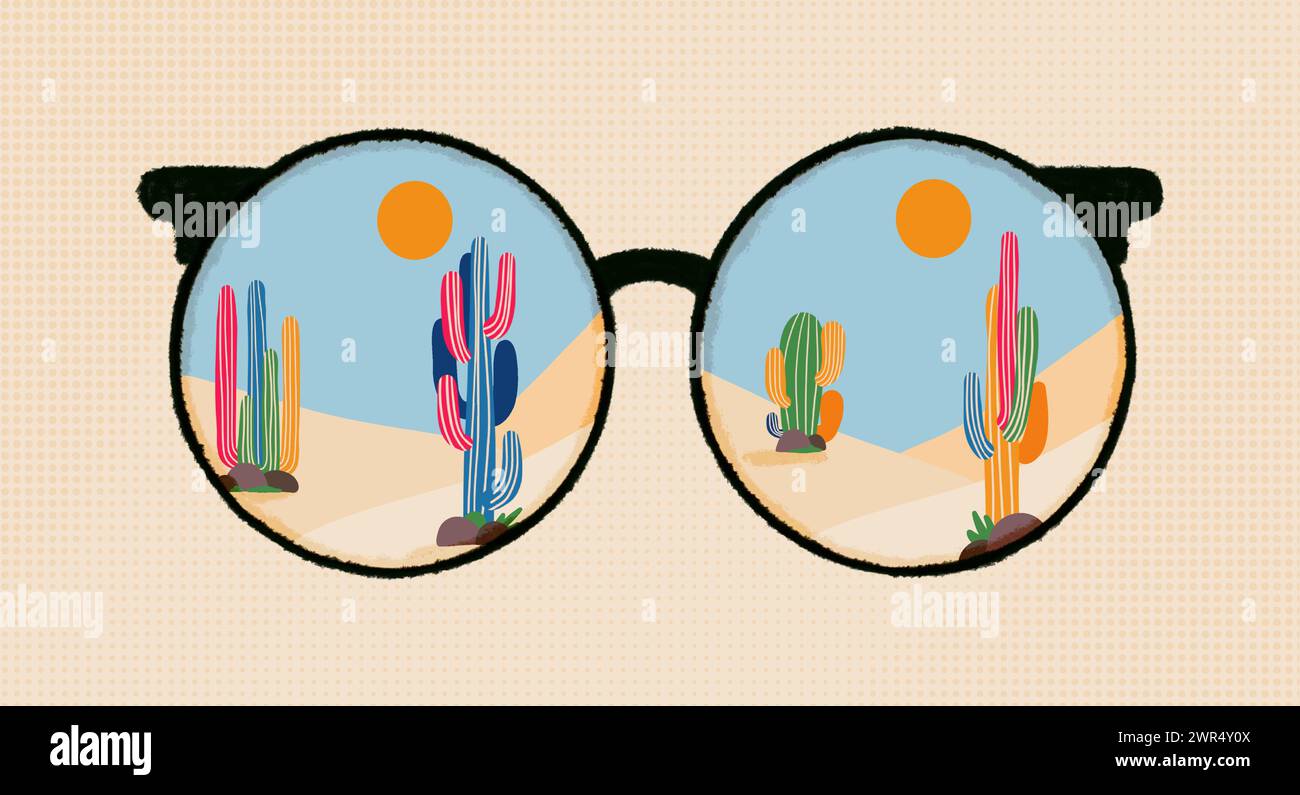 Avventura con illustrazioni di cactus e deserti in bicchieri rotondi. Distintivo da viaggio per la stampa di t-shirt, poster ispiratori e design motivazionale Illustrazione Vettoriale