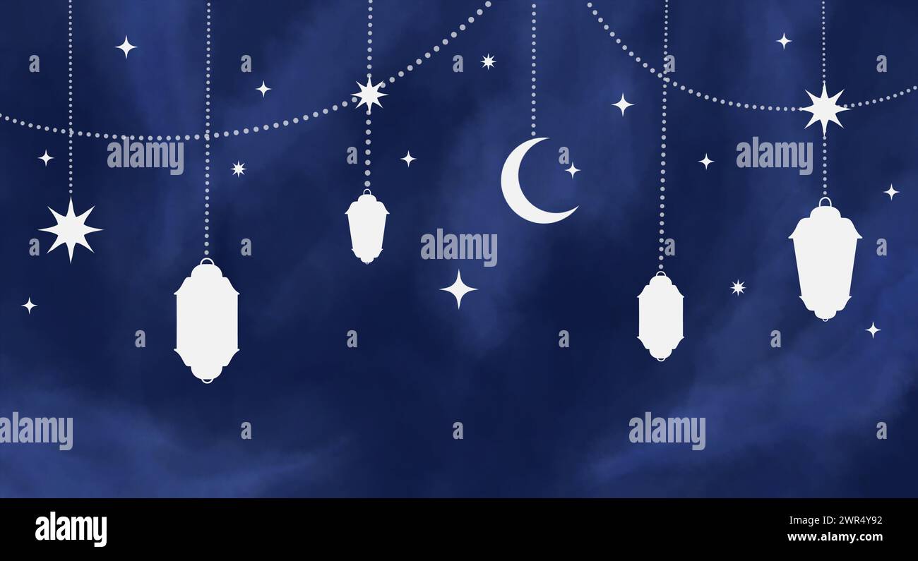 ghirlanterne orientali tradizionali arabe del Ramadan Kareem. Lanterne sospese ornamentali musulmane, stelle e illustrazione vettoriale lunare. Islamico orientale g Illustrazione Vettoriale