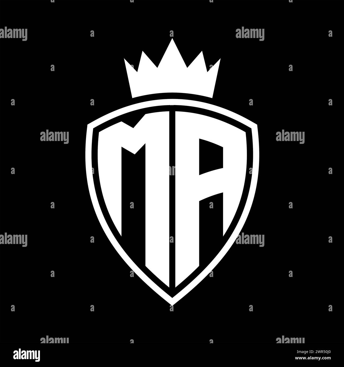 Monogramma MA in grassetto con profilo a scudo e corona con modello di design in bianco e nero Foto Stock