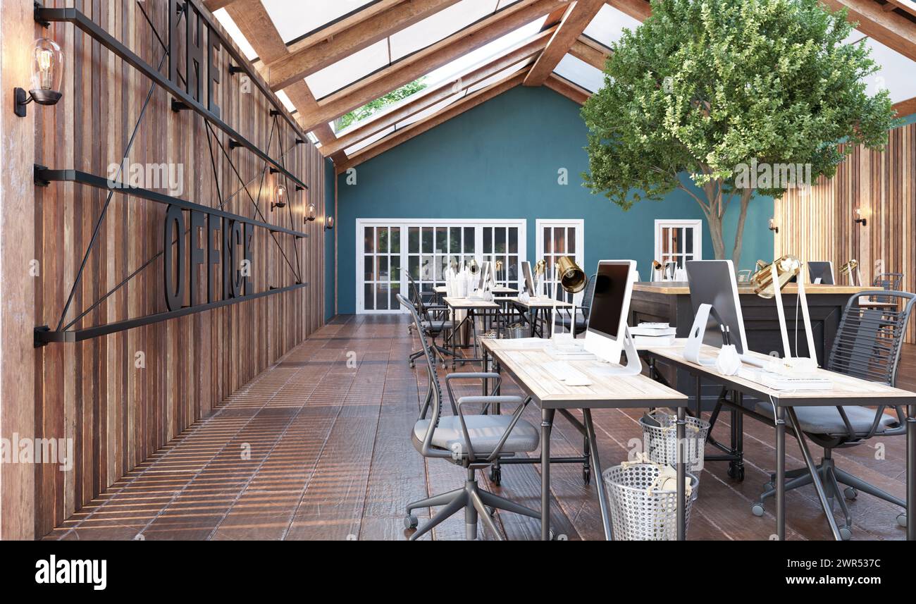 Un grande spazio open Office con pavimenti in legno Foto Stock