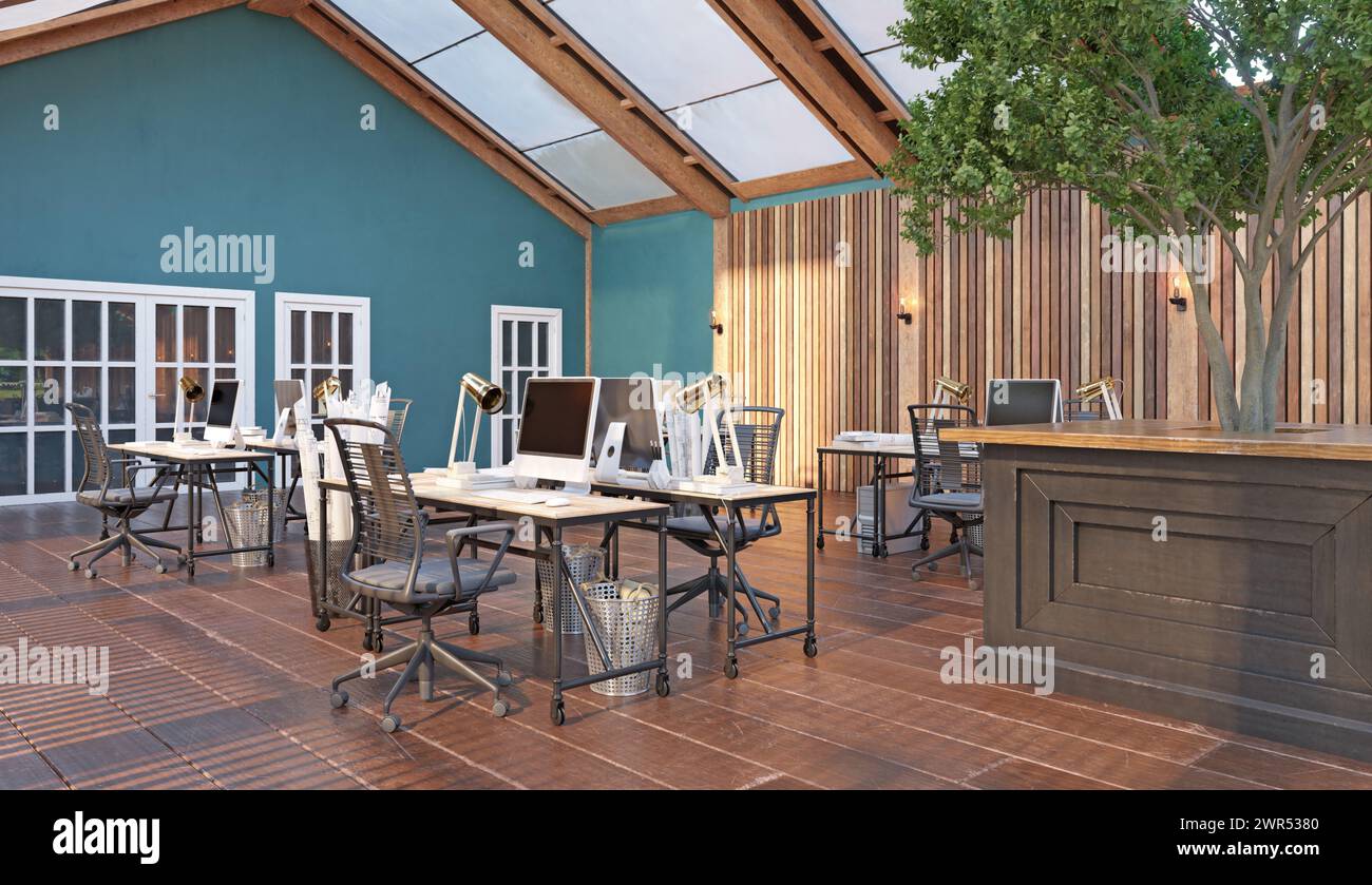 Un grande spazio open Office con pavimenti in legno Foto Stock