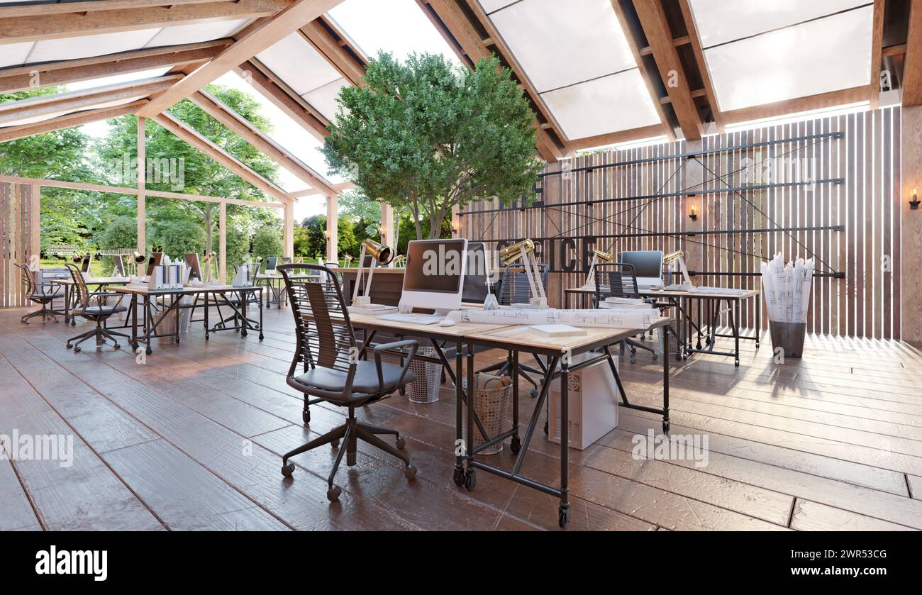 Un grande spazio open Office con pavimenti in legno Foto Stock