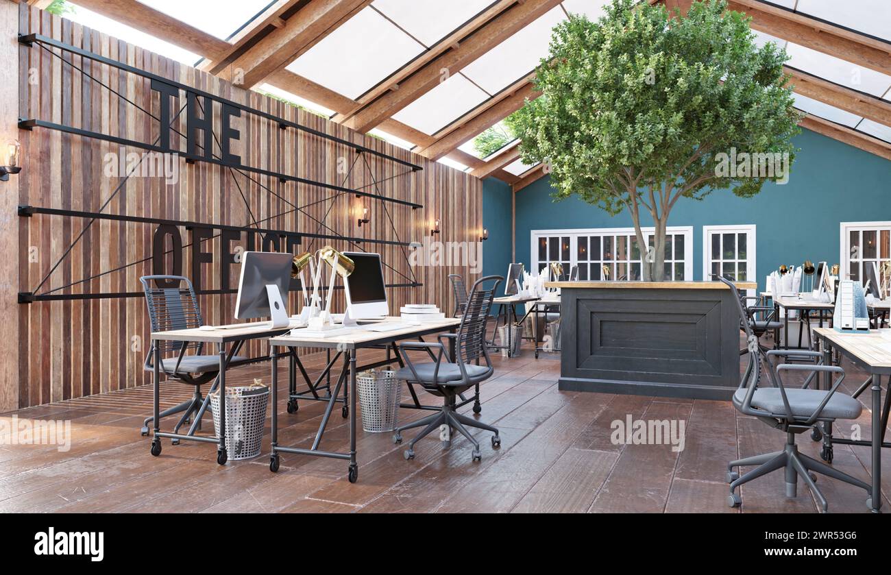 Un grande spazio open Office con pavimenti in legno Foto Stock