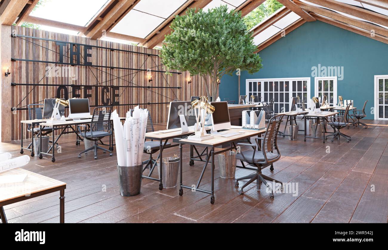 Un grande spazio open Office con pavimenti in legno Foto Stock