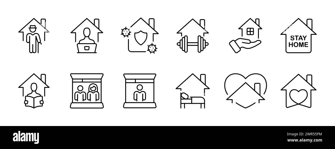 Icona della vita di tutti i giorni. Camminare, lavorare da casa, protezione da virus, sport, vendere una casa, resta a casa, sviluppo personale, vita familiare. Isolati Illustrazione Vettoriale
