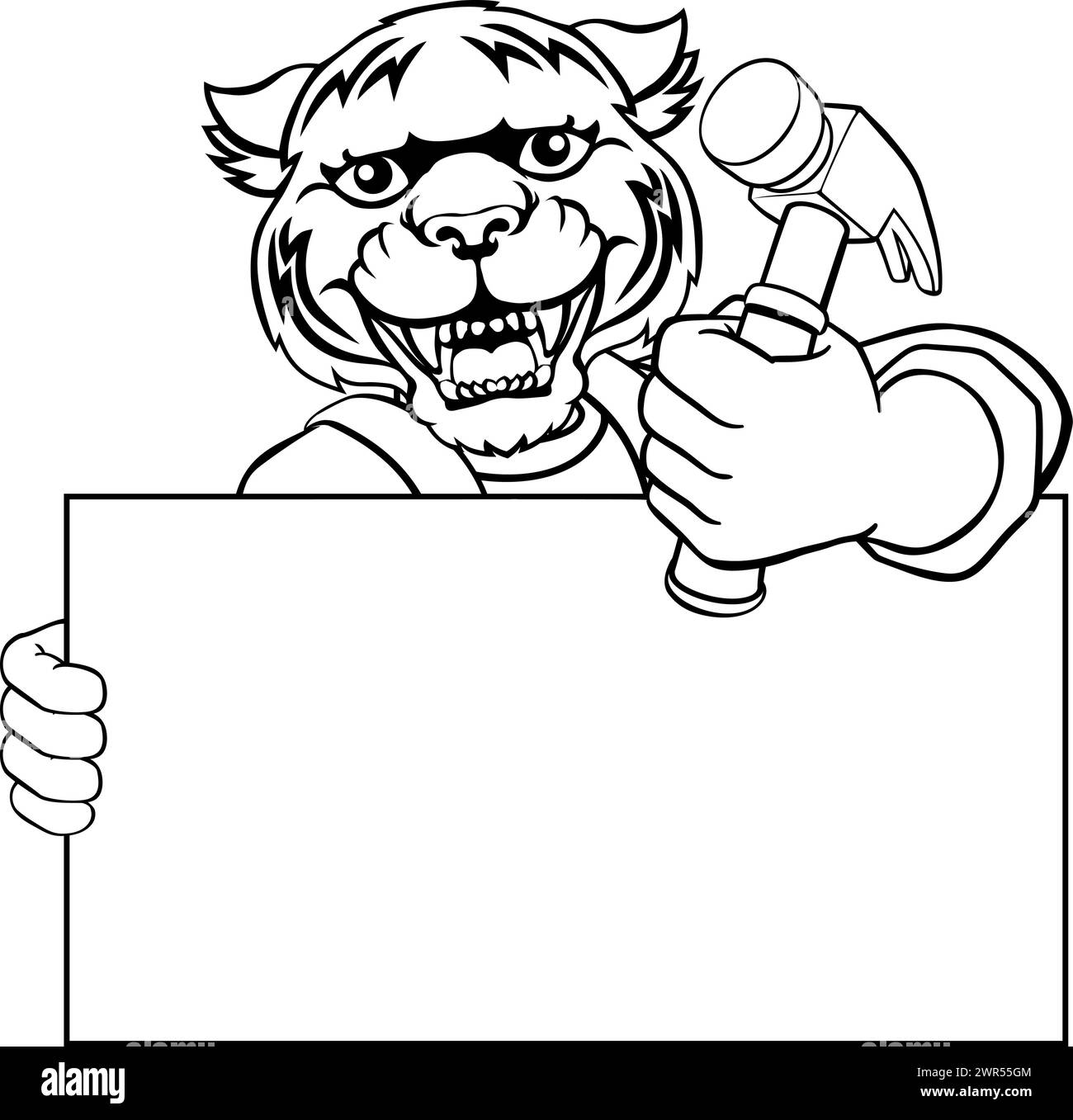 Tiger Hammer Cartoon Mascotte Handyman Carpenter Illustrazione Vettoriale