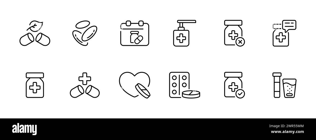 Icona pillole. Prodotti naturali, globuli rossi, programma di farmaci, crema, unguento, descrizione del prodotto, pillole cardiache, pillole radioattive, antibiotico Illustrazione Vettoriale