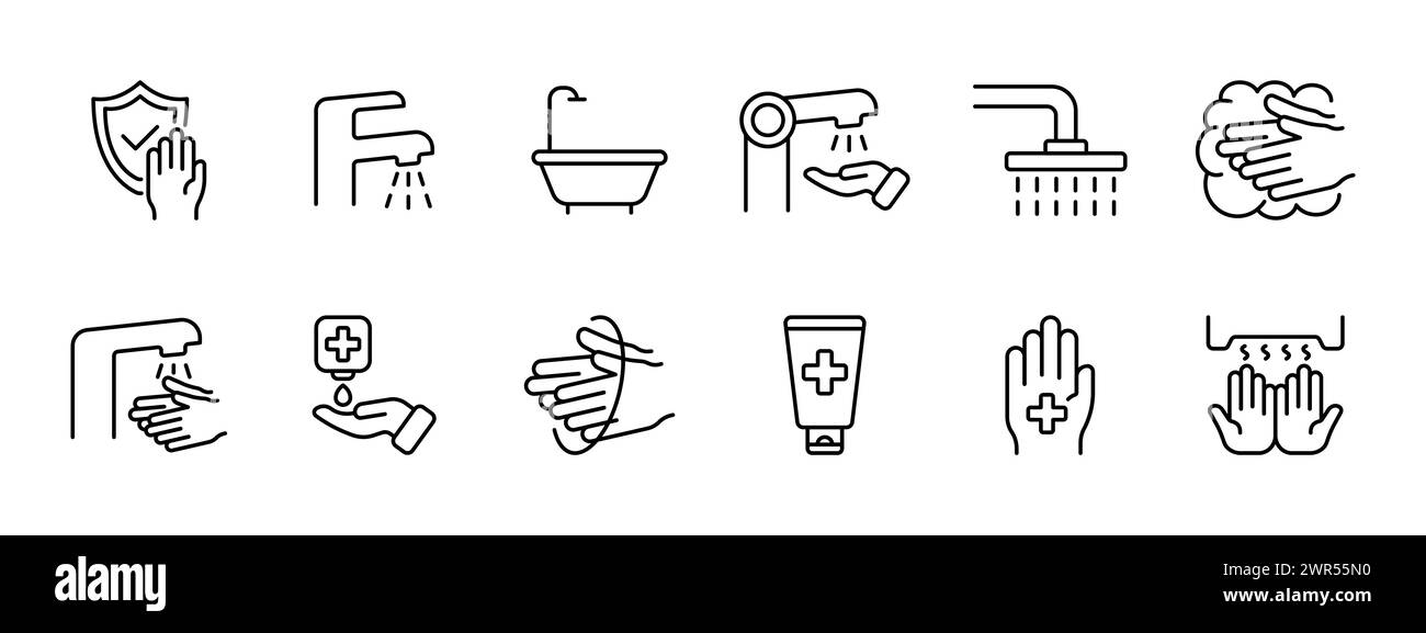 Icona del set di lavaggio. Disinfezione, rubinetto d'acqua, bagno, bagno, sapone e lavare le mani, creme e oli per mani mediche, asciugare le mani. Concetto di assistenza sanitaria. Illustrazione Vettoriale