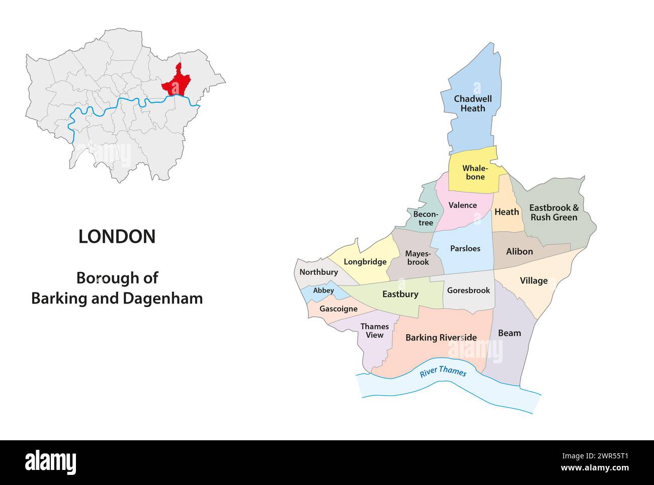 Mappa vettoriale Borough of Barking and Dagenham, Londra, Regno Unito Foto Stock