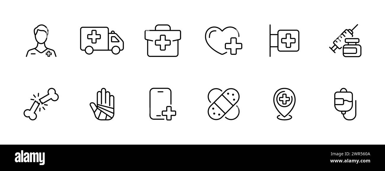 Icona ambulanza impostata. Dipendente e ambulanza, kit di pronto soccorso, farmacia, salute cardiaca, farmaci, fratture, ustioni, chiamata a un'ambulanza per telefono, adesivo pl Illustrazione Vettoriale