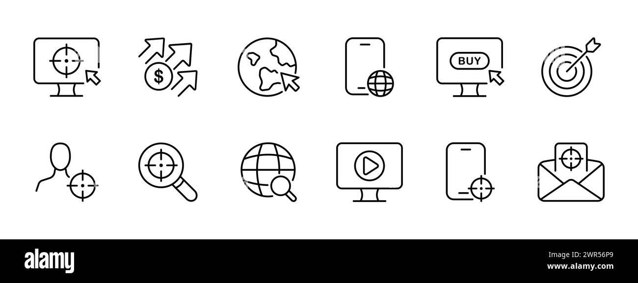 Icona del set di targeting. Aumento dei profitti, pubblicità mirata, in tutto il mondo, su tutti i dispositivi. Cerca acquirenti, video, marketing aggressivo. Trova Illustrazione Vettoriale