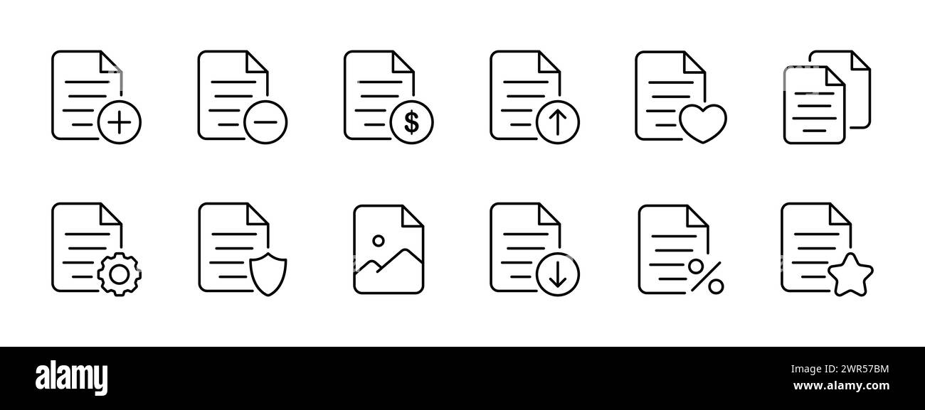 Icona del set di file. Eliminazione, invio, blocco, lettura, ricerca di file. Foto e finanze in file, impostazioni, configurazione, download, caricamento. Worki Illustrazione Vettoriale