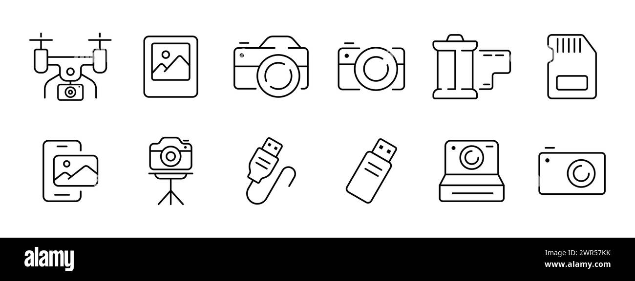 Icona del set di scatto fotografico. Drone, fotocamera moderna, videocamera, pellicola, scheda SD, scheda di memoria, treppiede, unità flash, cavo, fotocamera vintage, punta e scatta circa Illustrazione Vettoriale