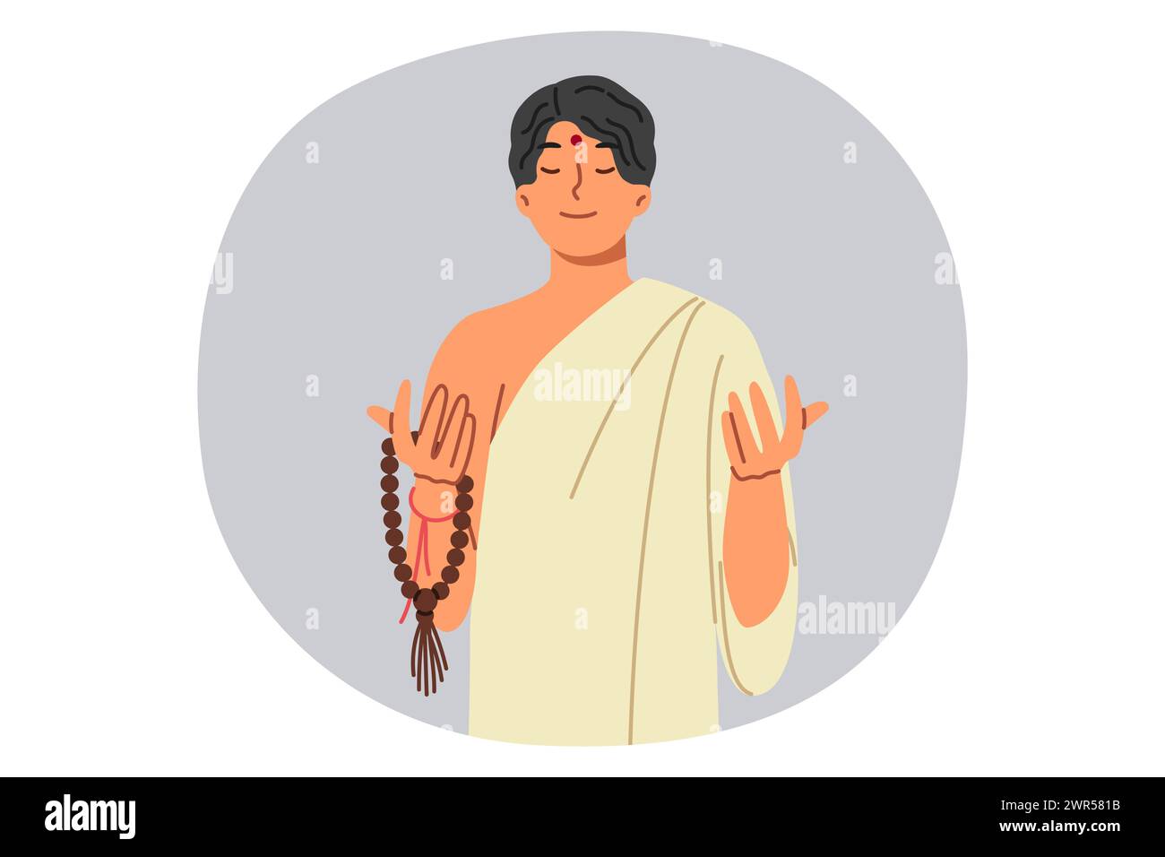 L'uomo musulmano asiatico in abiti etnici tradizionali prega e medita, tenendo il rosario in mano Illustrazione Vettoriale
