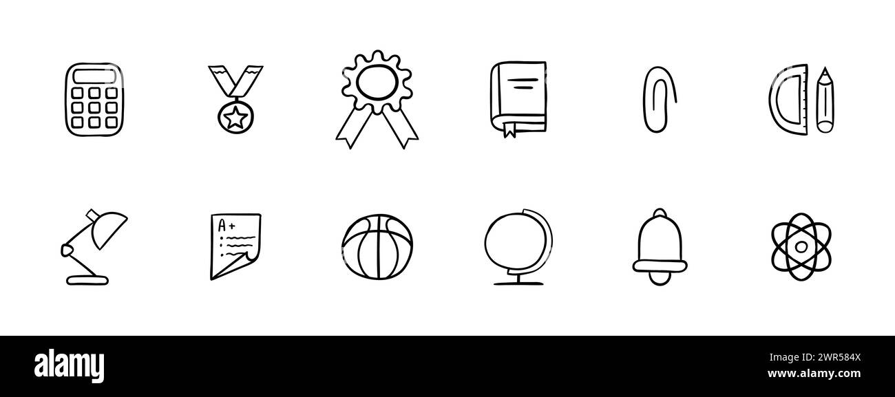 Icona del set di addestramento. Calcolatrice, medaglia, premio, libro, graffetta, righello, matita, lampada, five plus, basket, sport, fisica globale concetto ideale per studenti Illustrazione Vettoriale