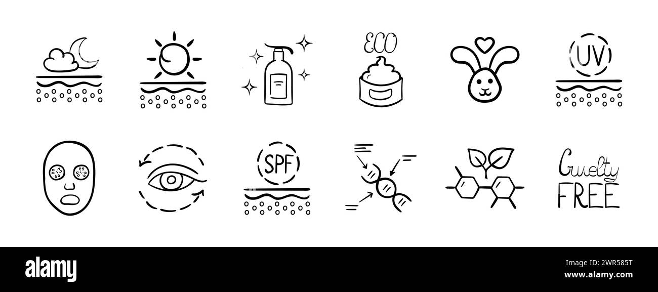 Icona del set per la cura della pelle. Varie creme, notte, giorno, eco-compatibile, crema solare, per la pelle intorno agli occhi. Cruelty free, maschera, coniglietto, cosmetici naturali. Illustrazione Vettoriale