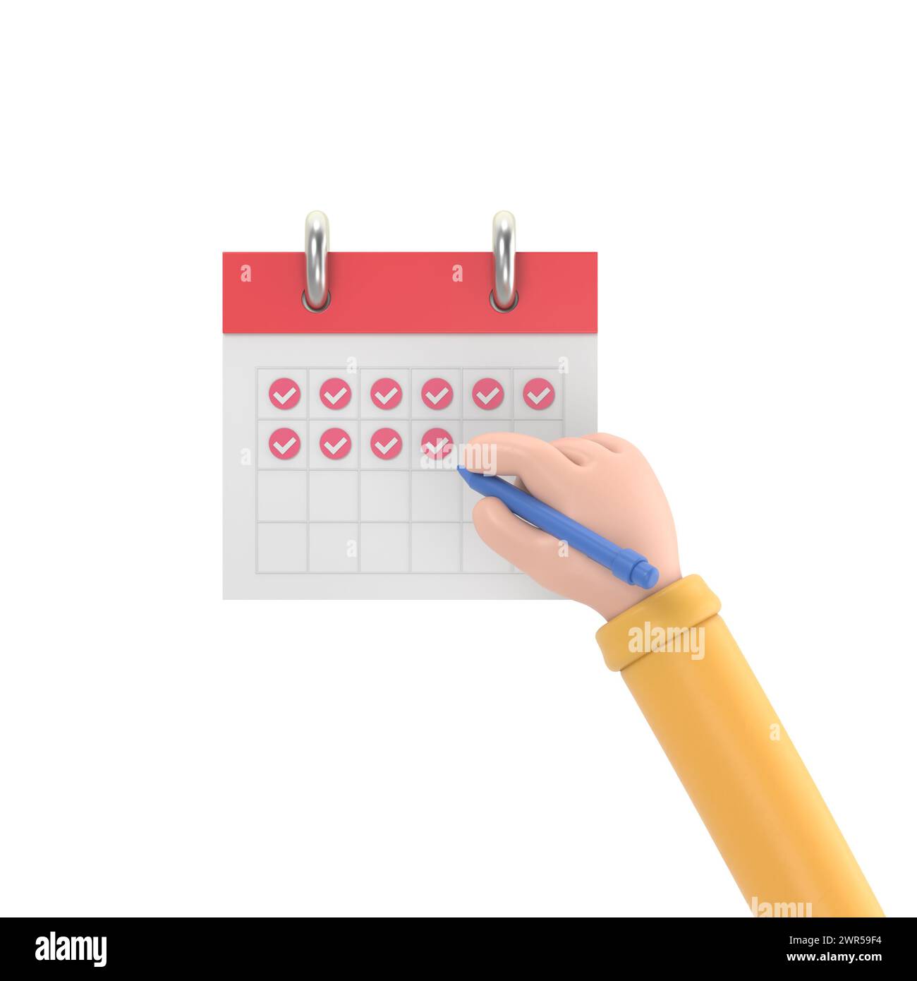 Icona dei gesti dei cartoni animati Mockup.uomo d'affari firma le mani sul calendario, rendering 3D su sfondo bianco. Foto Stock